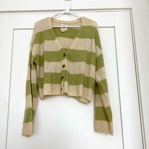 Green and white striped cardigan. Size large